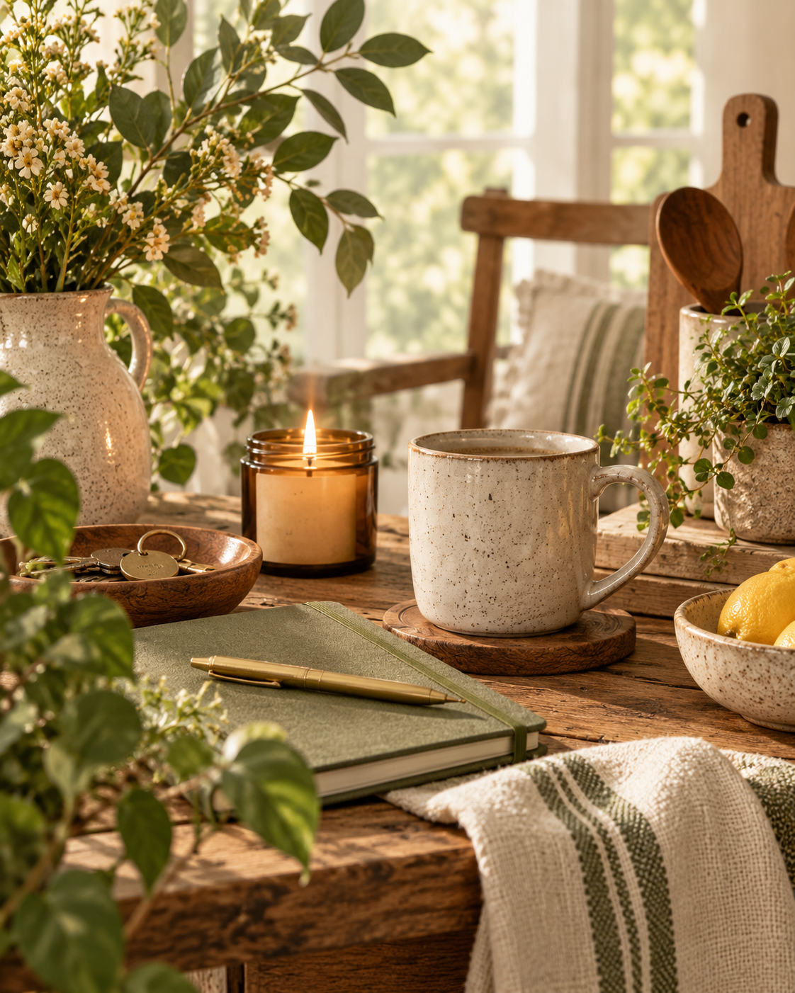 Warm sunlit cottage still life with candle, journal, mug, greenery, and natural wood