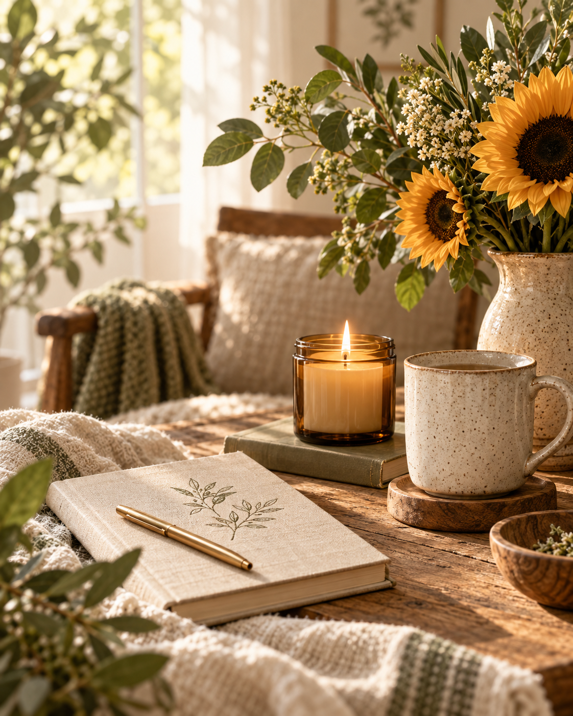 Warm cottage home ritual scene with journal, candle, mug, greenery, and sunflowers