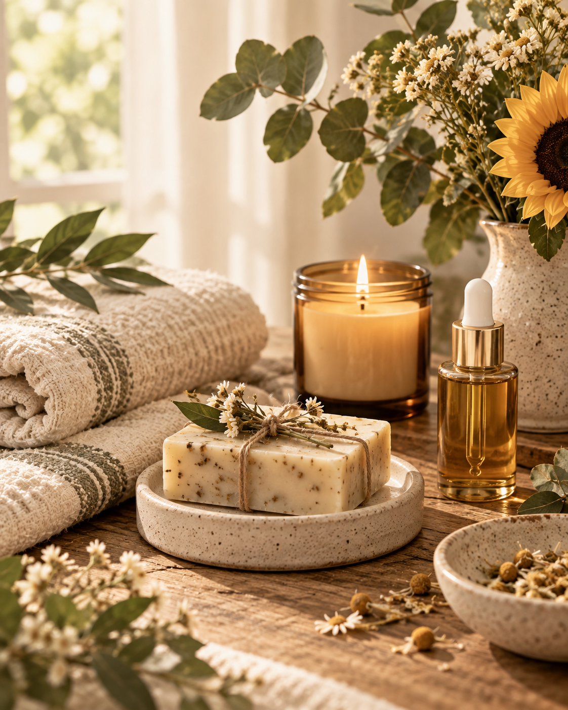 Warm botanical self-care still life with candle, soap, botanical oil, linens, and sunflower
