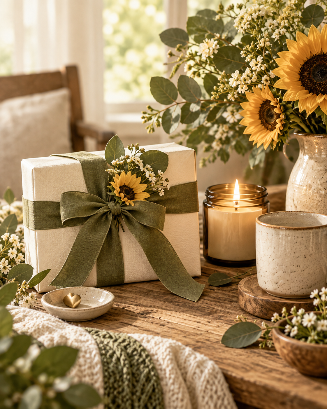 Elegant botanical gift box with olive ribbon, candle, mug, greenery, and sunflower