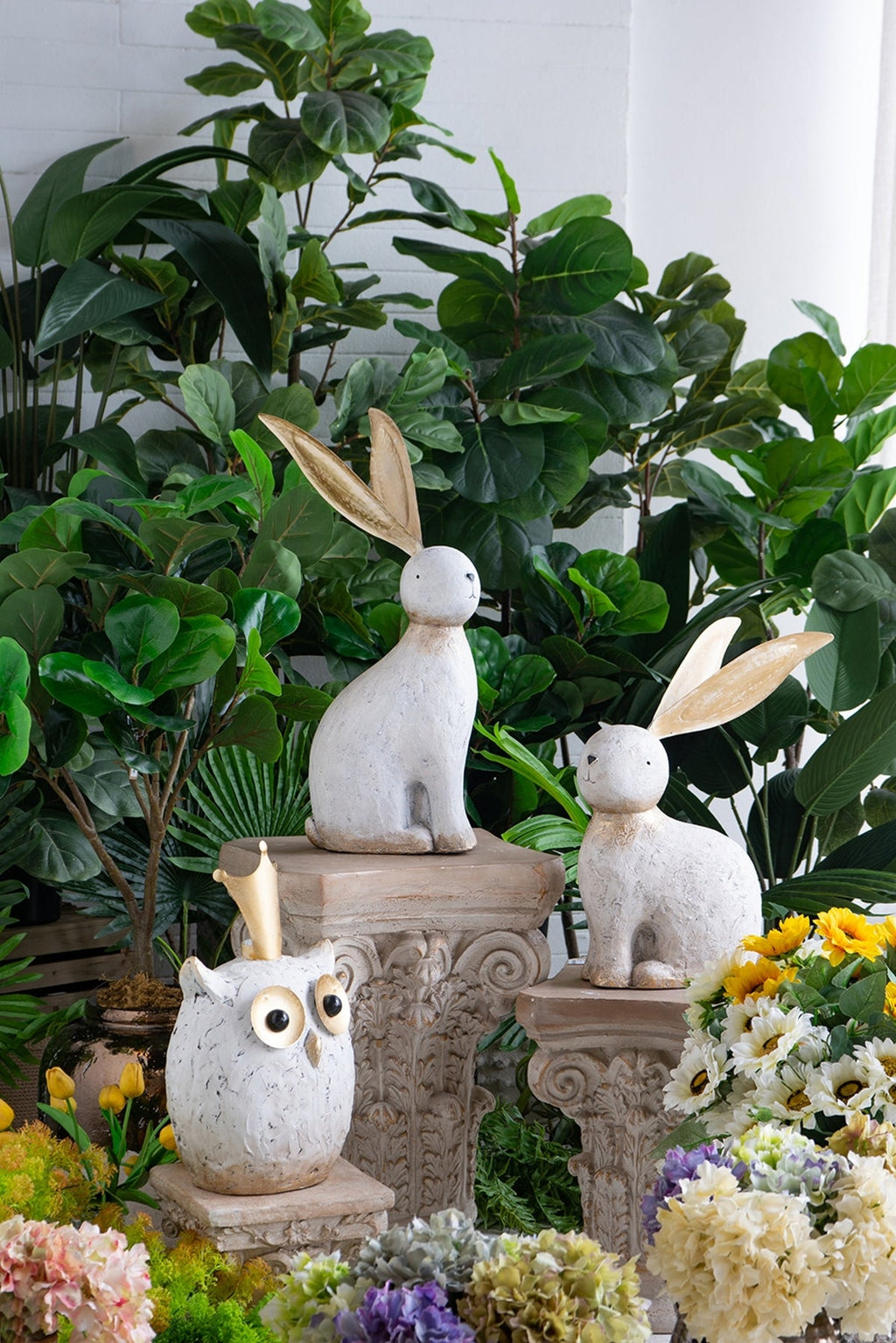 White Magnesium Oxide Rabbit Figurine with Gold Iron Ears, 20.9 in