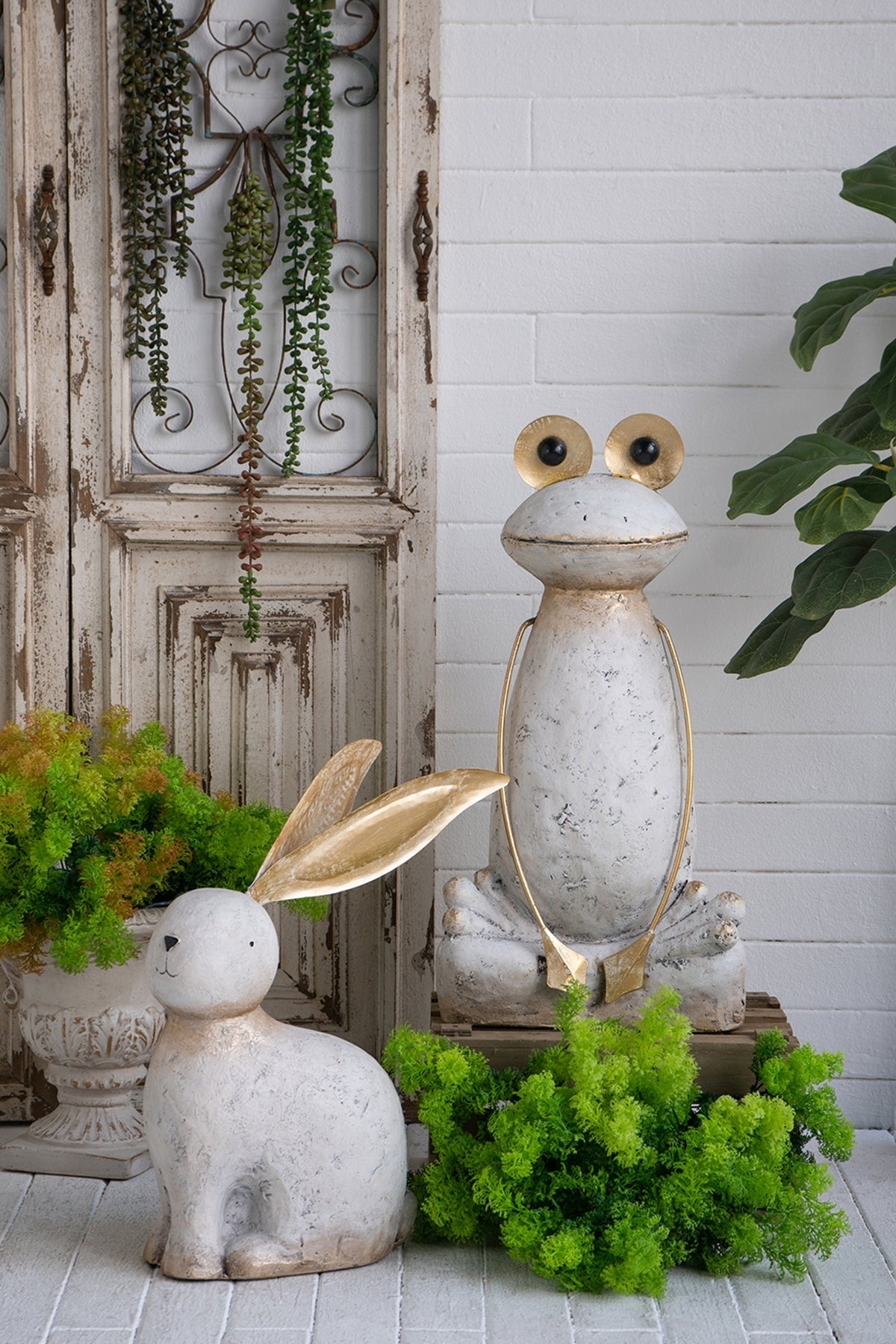 White Magnesium Oxide Rabbit Figurine with Gold Iron Ears, 20.9 in