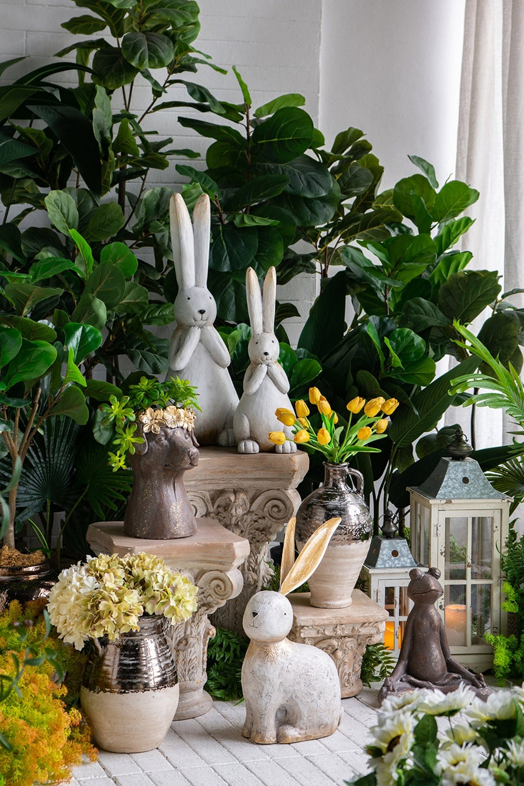 White Magnesium Oxide Rabbit Figurine with Gold Iron Ears, 20.9 in