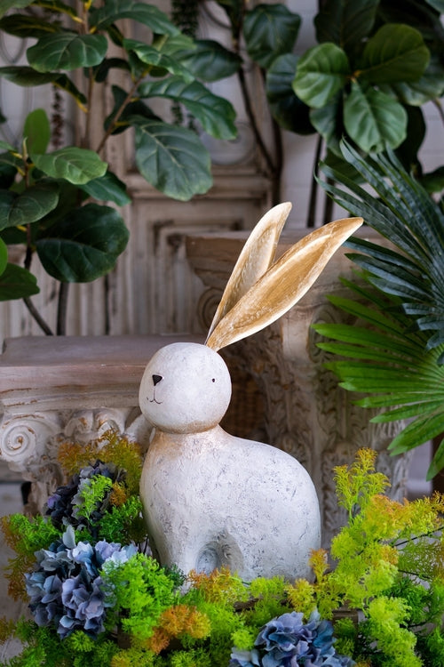 White Magnesium Oxide Rabbit Figurine with Gold Iron Ears, 20.9 in